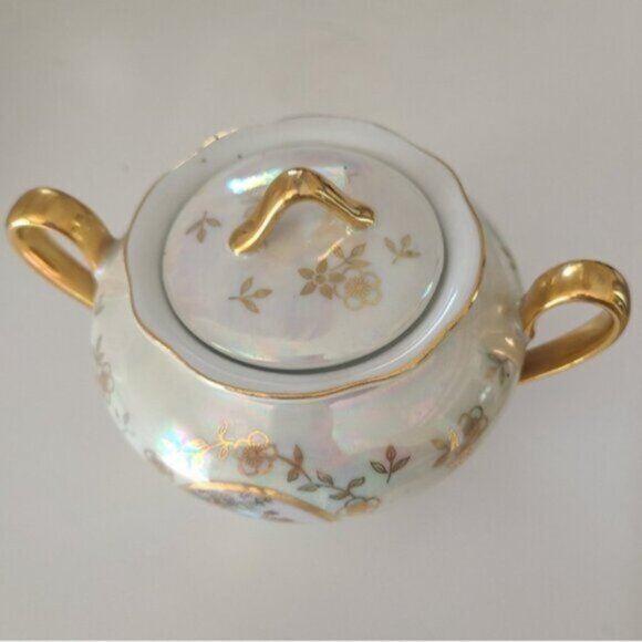 Beautiful Vintage Bavaria, East Germany, Irridescent Gilded Sugar Bowl With Lid - Picture 5 of 7